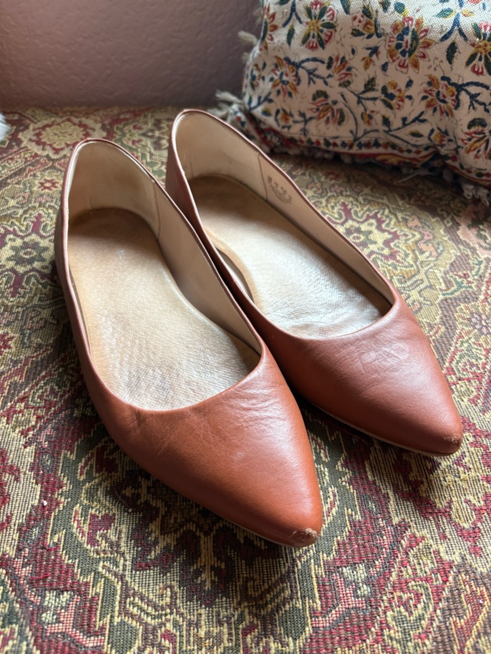 Women's Leather Classic Pointed Toe Ballet Flats in Rust Brown